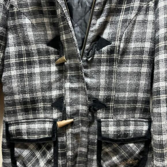 Billabong Coat Black Gray Plaid Wool Blend Faux Fur Hooded Jacket Sz S - Picture 4 of 12